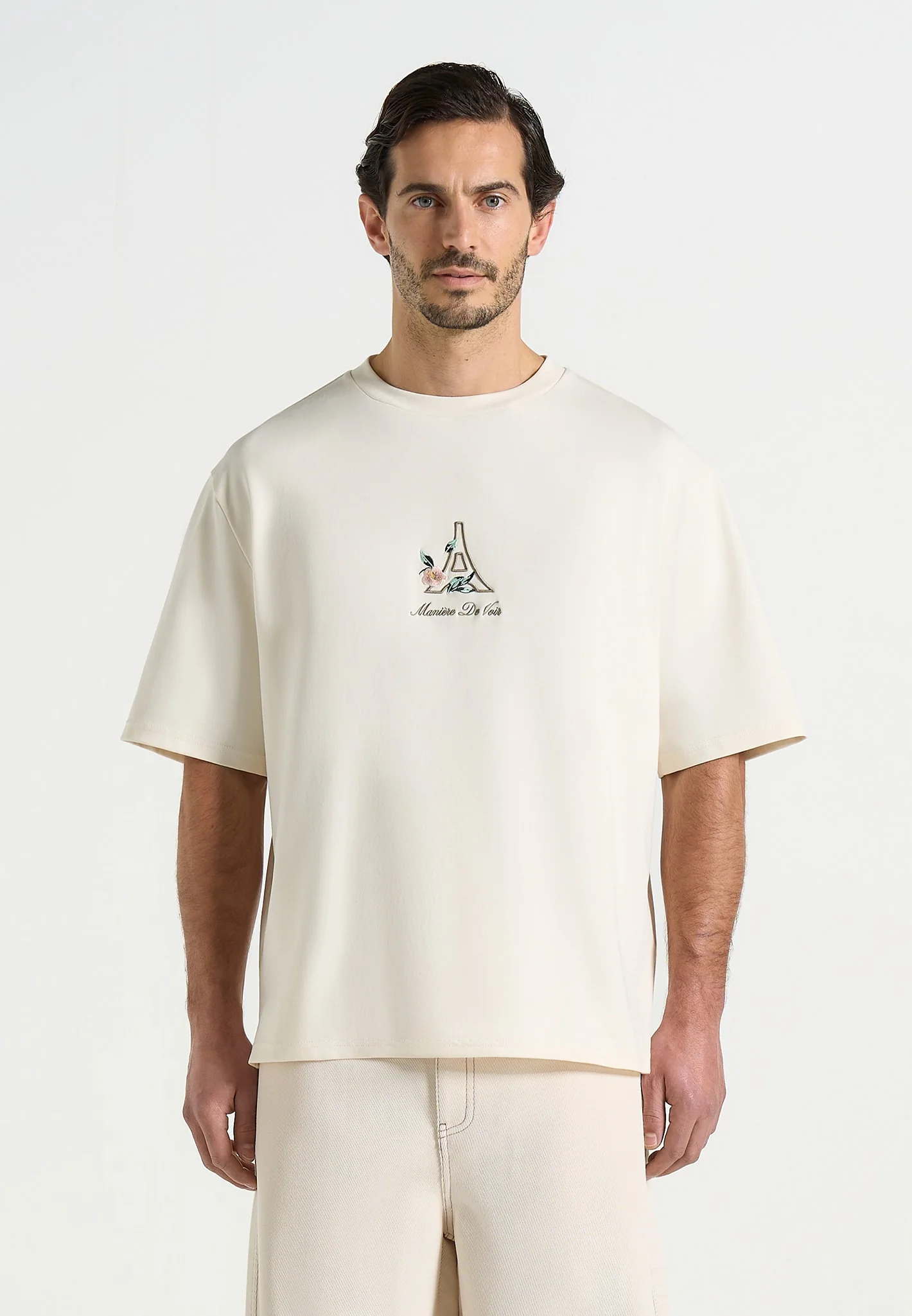 TS008 - Unisex Floral Eiffel Cotton T-Shirt - Cream - Image 2