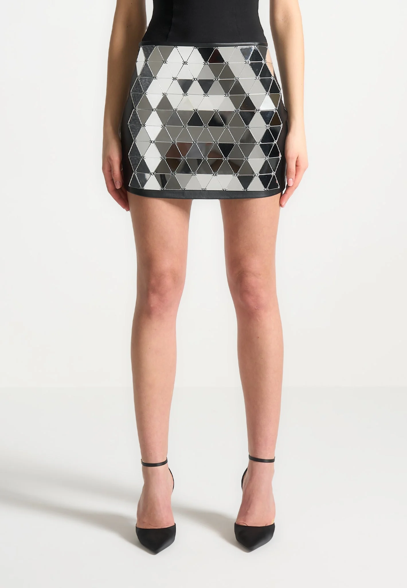 Leather Mirrored Mini Skirt - Silver/Black - Image 3
