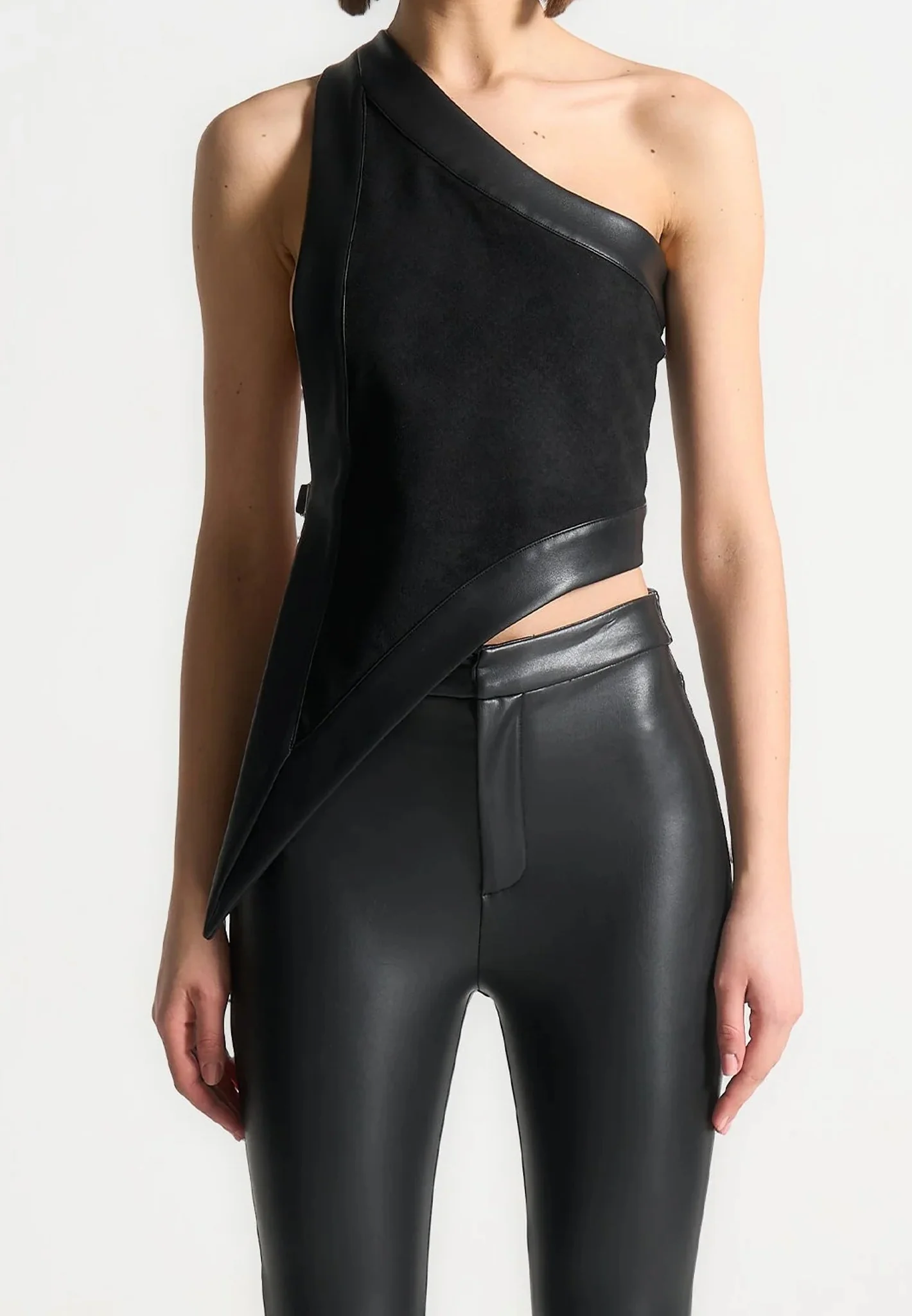 Suede & Leather Asymmetric Backless Top - Black