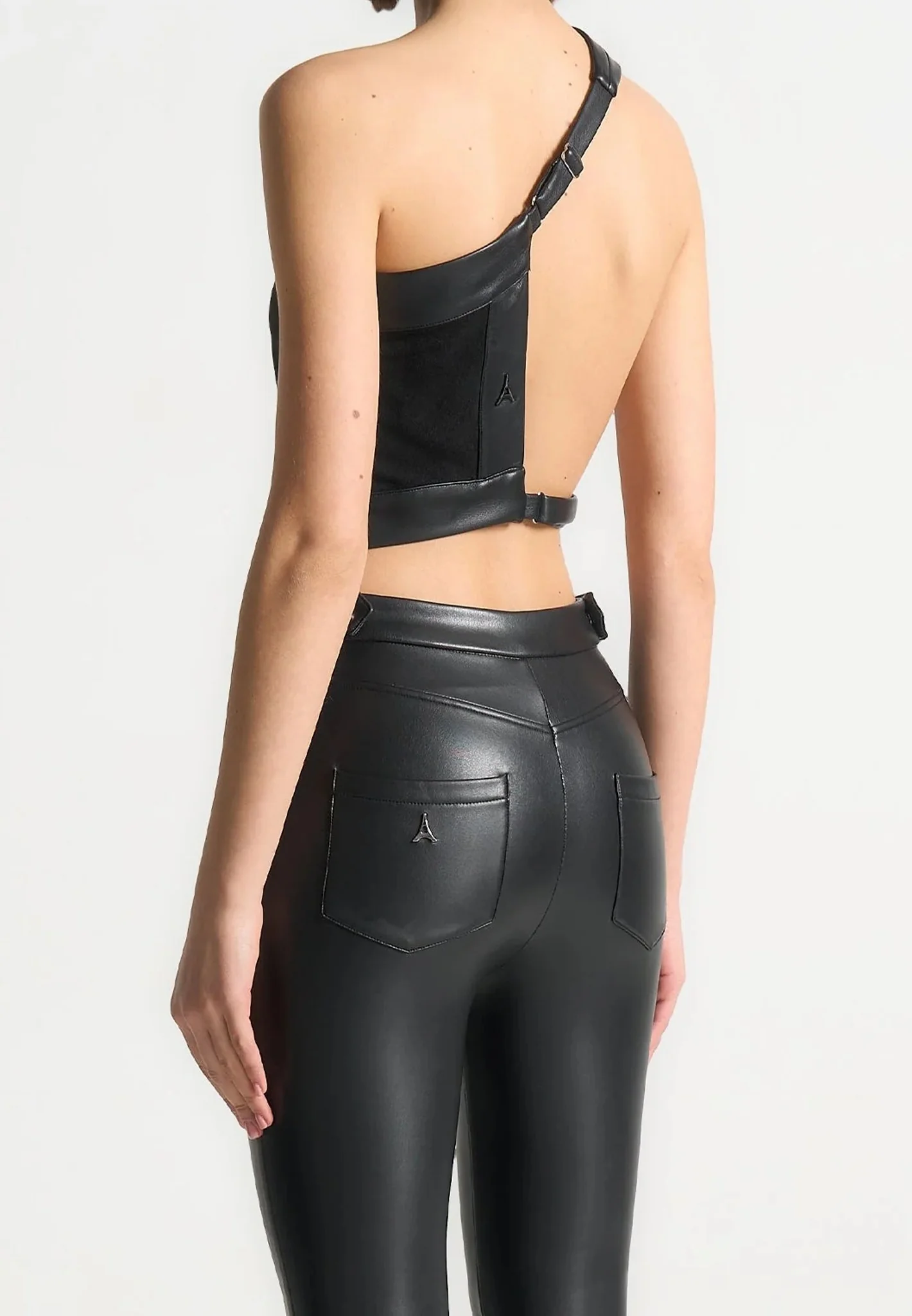 Suede & Leather Asymmetric Backless Top - Black - Image 2
