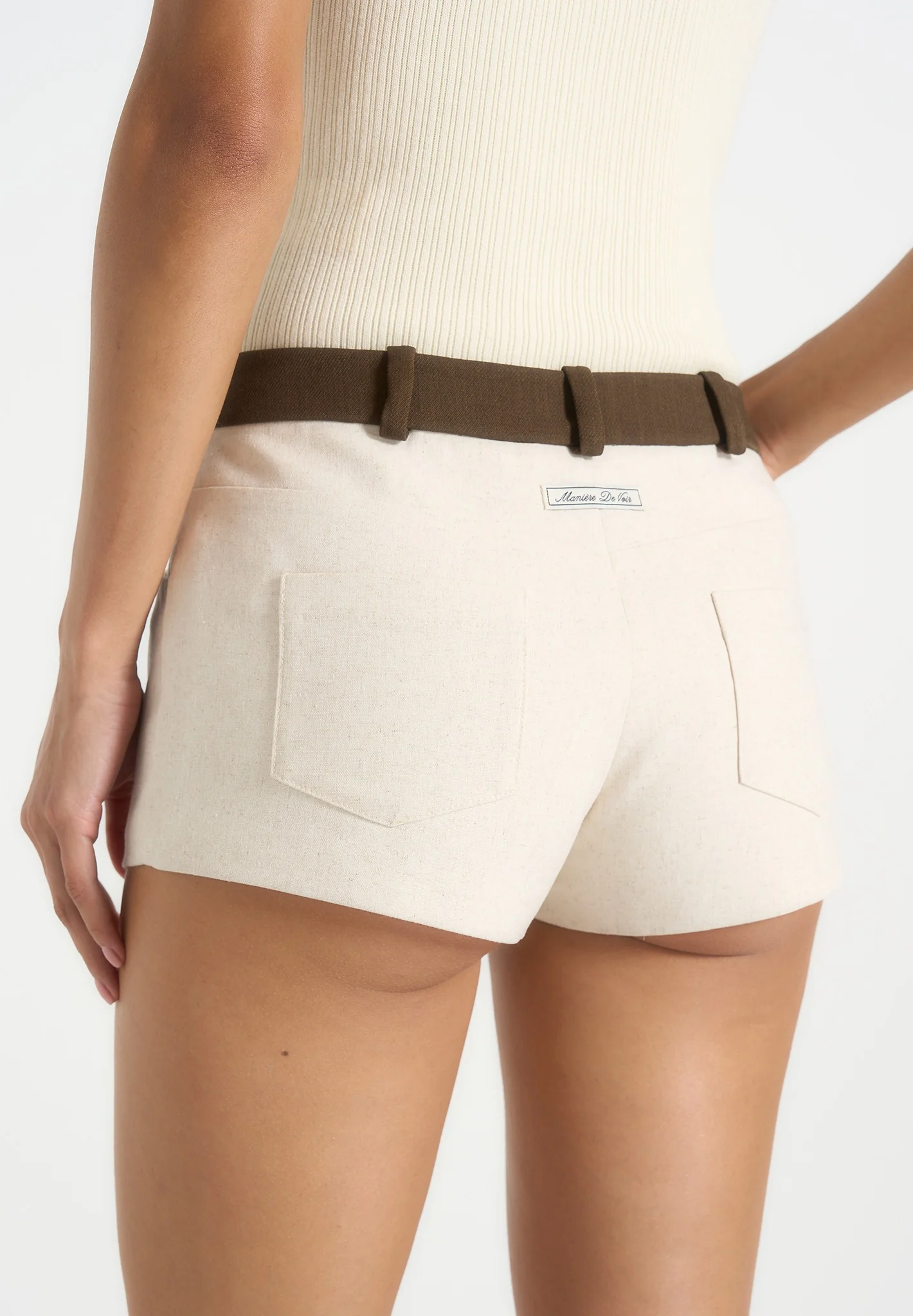 Verity - Contrast Waist Linen Mini Shorts - Natural - Image 3