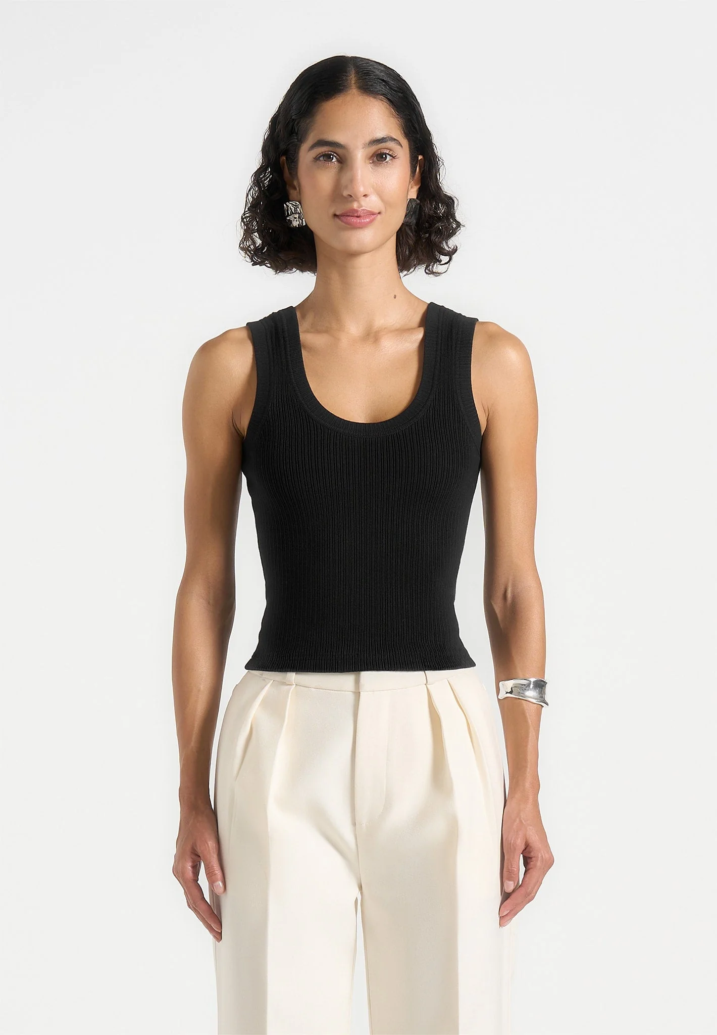 VS001 - Scoop Neck Ribbed Cotton Vest - Black - Image 4
