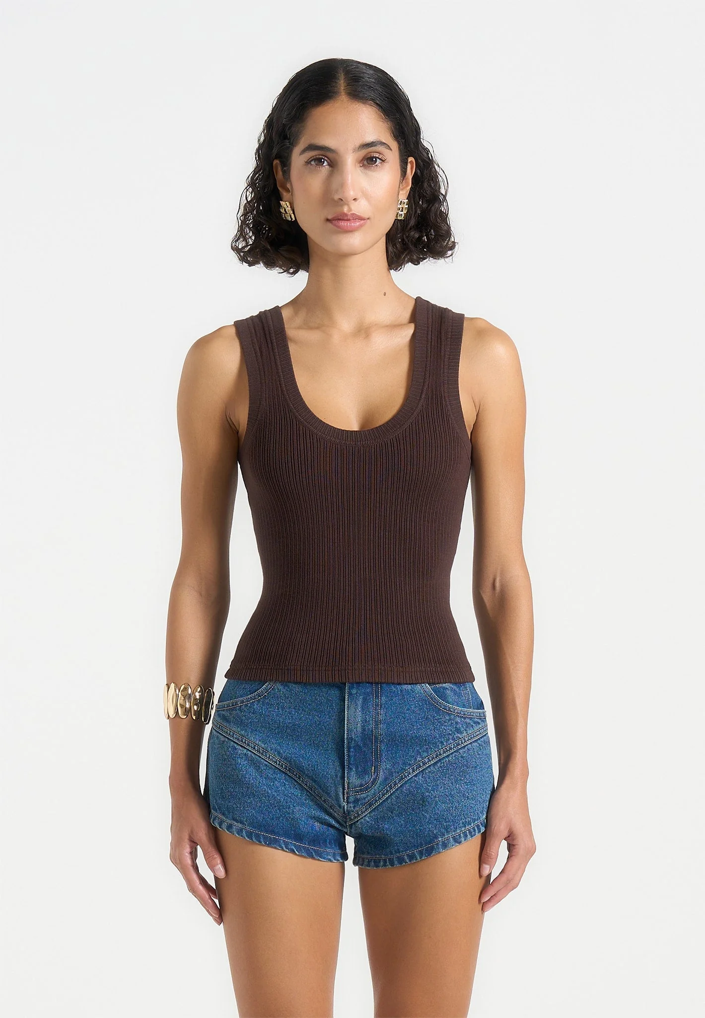 VS001 - Scoop Neck Ribbed Cotton Vest - Brown - Image 4