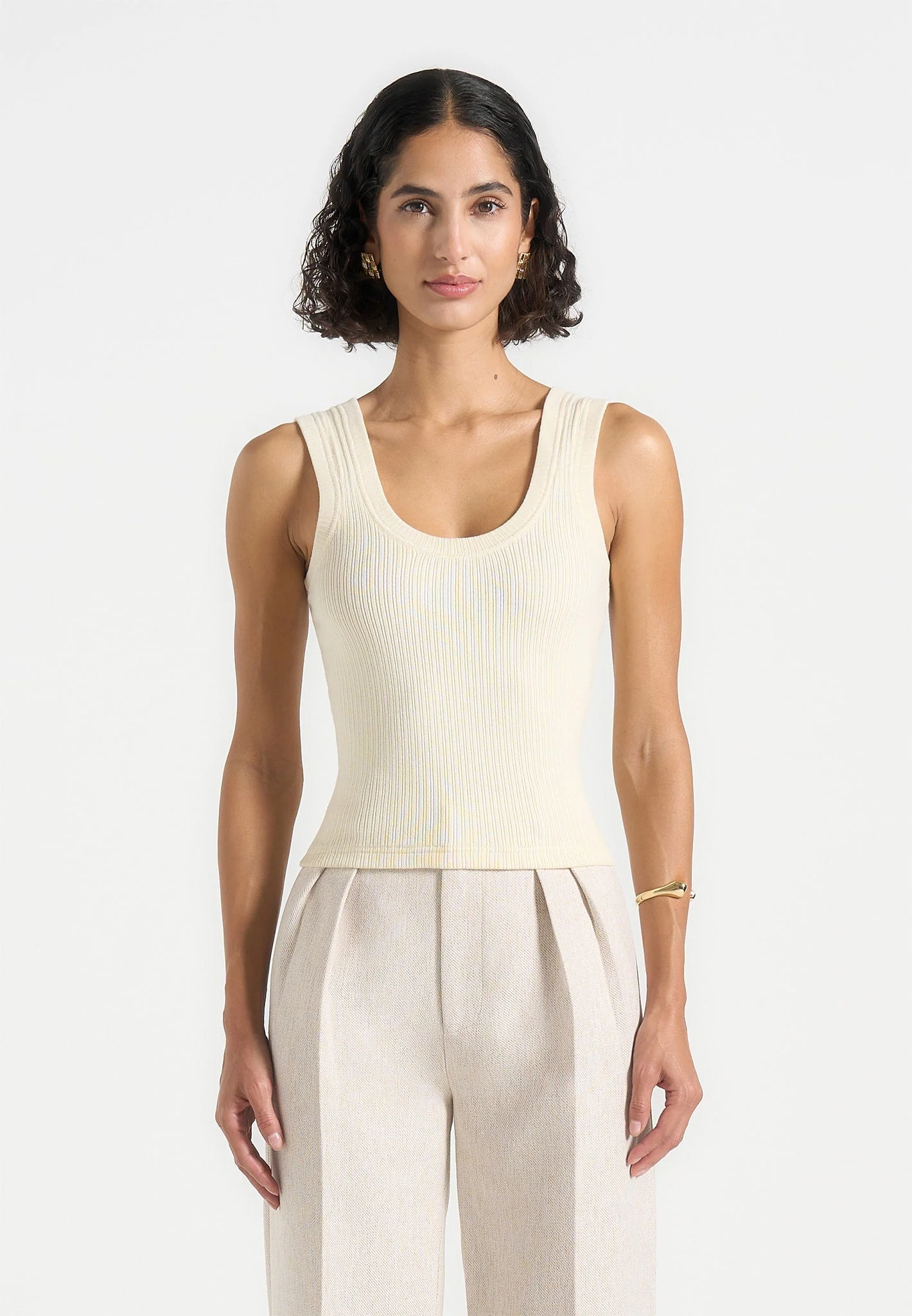 VS001 - Scoop Neck Ribbed Cotton Vest - Cream - Image 4