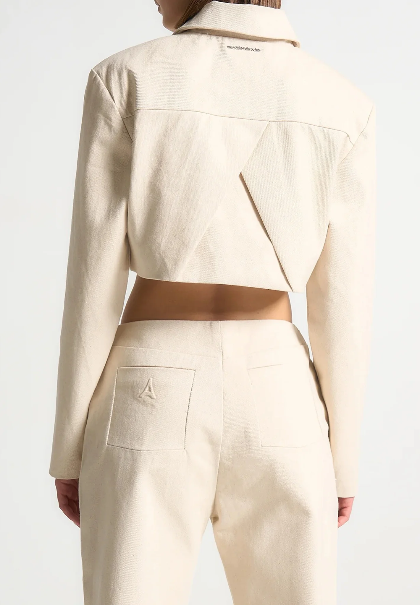 Wide Shoulder Cropped Denim Jacket - Cream - Image 2