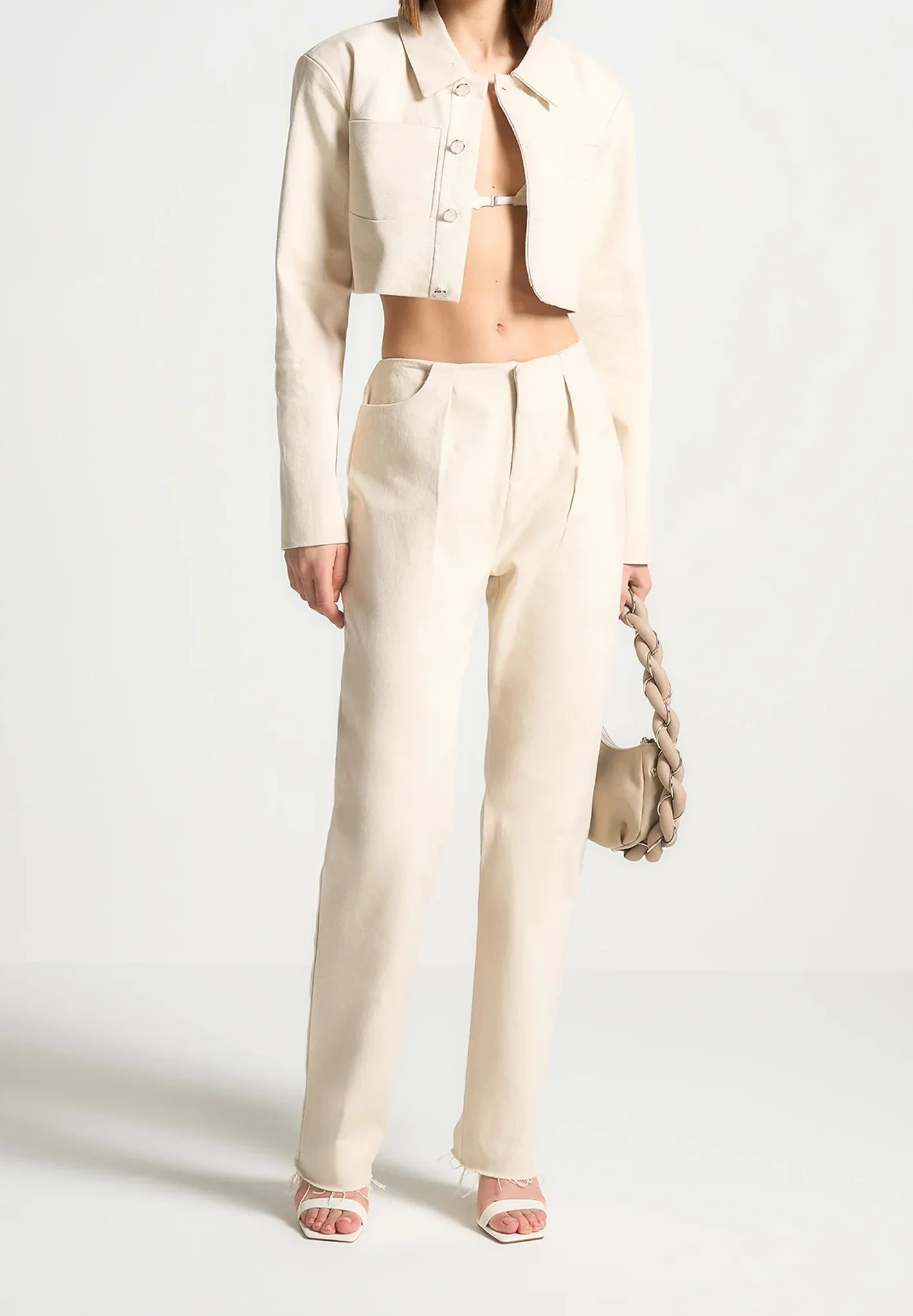 Wide Shoulder Cropped Denim Jacket - Cream - Image 3