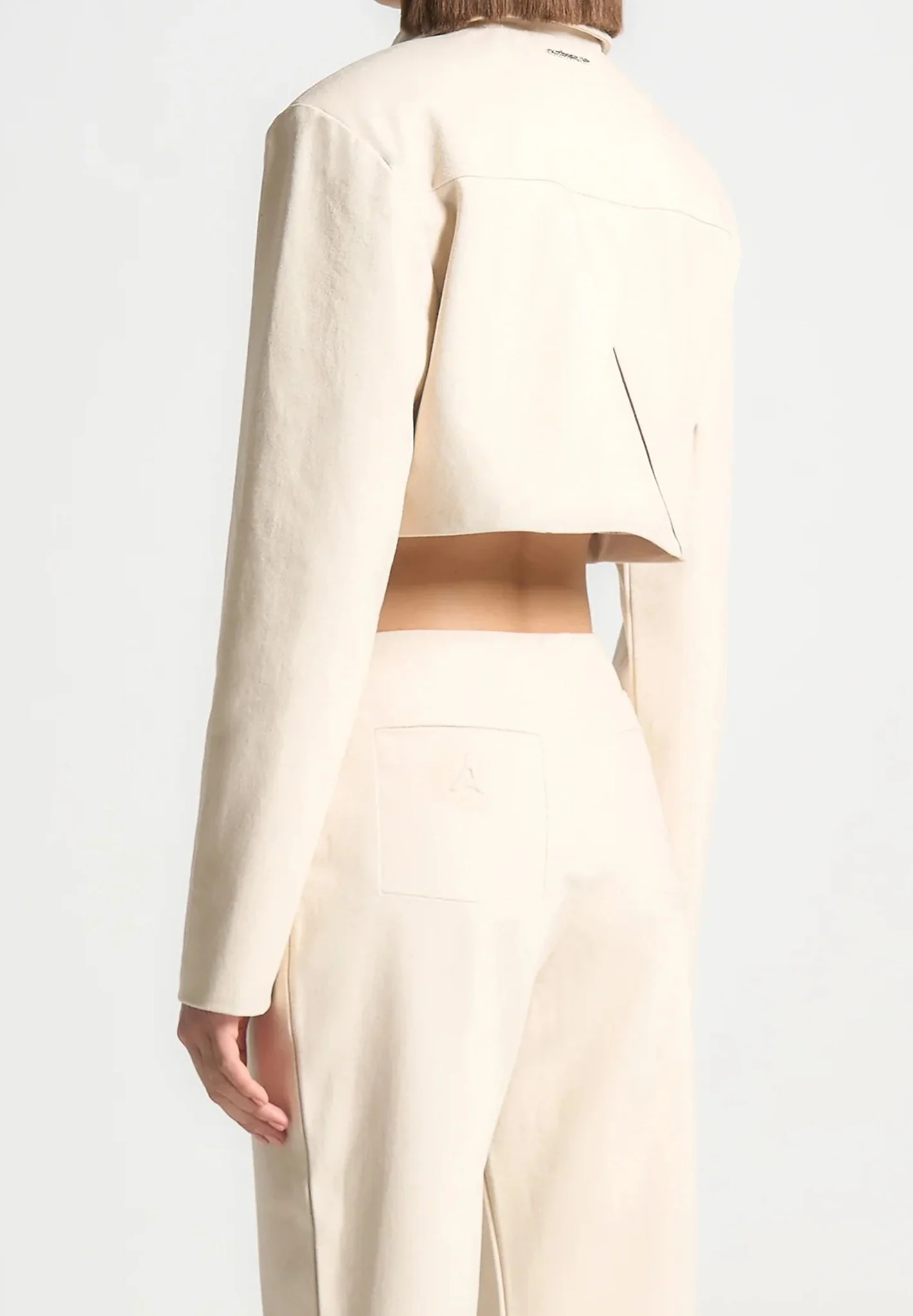 Wide Shoulder Cropped Denim Jacket - Cream - Image 4