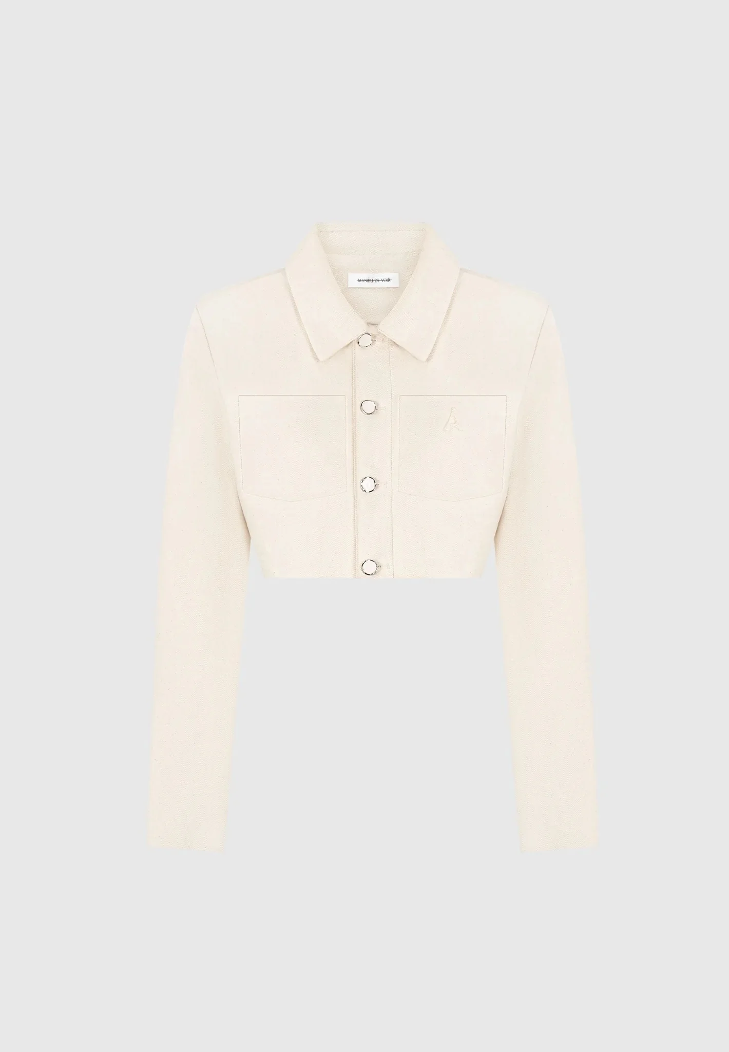 Wide Shoulder Cropped Denim Jacket - Cream - Image 6