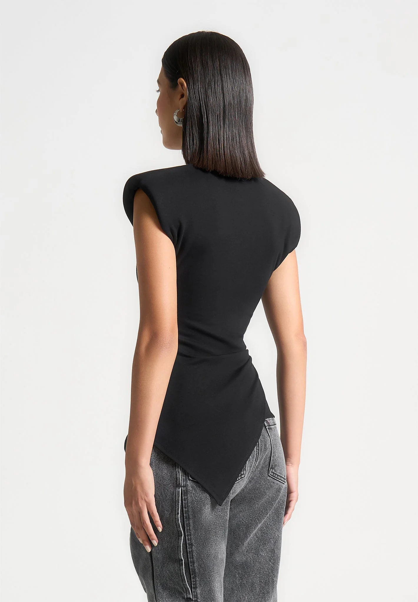 Paige - Wide Shoulder Ruched Waist Top - Black - Image 3