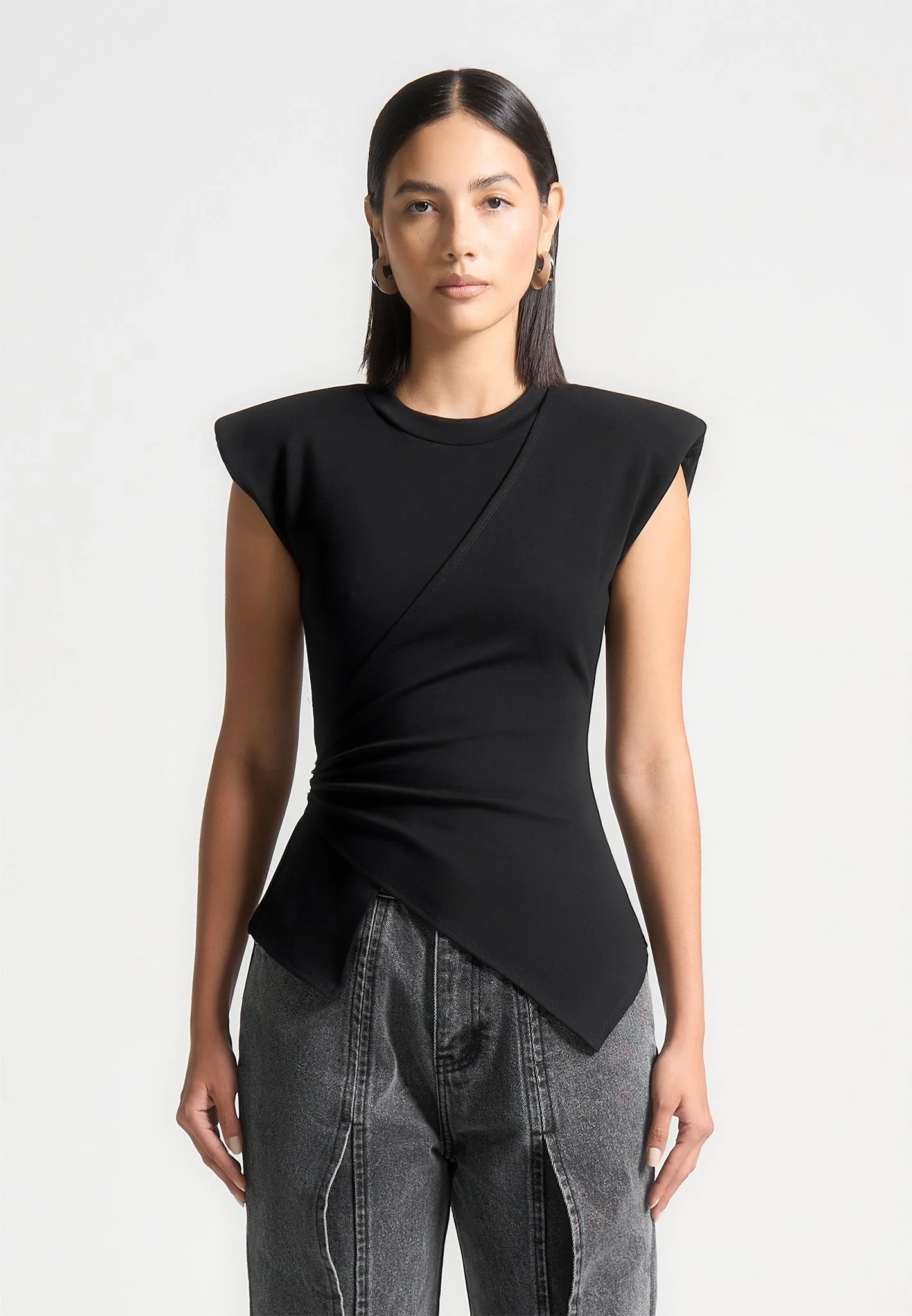 Paige - Wide Shoulder Ruched Waist Top - Black - Image 4