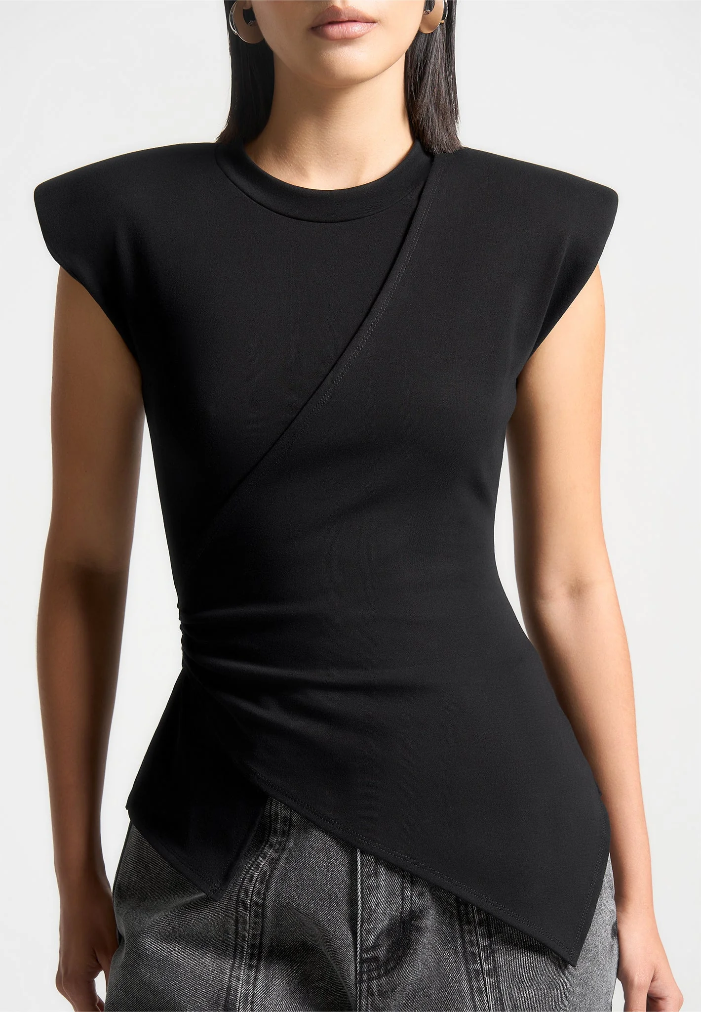 Paige - Wide Shoulder Ruched Waist Top - Black - Image 5
