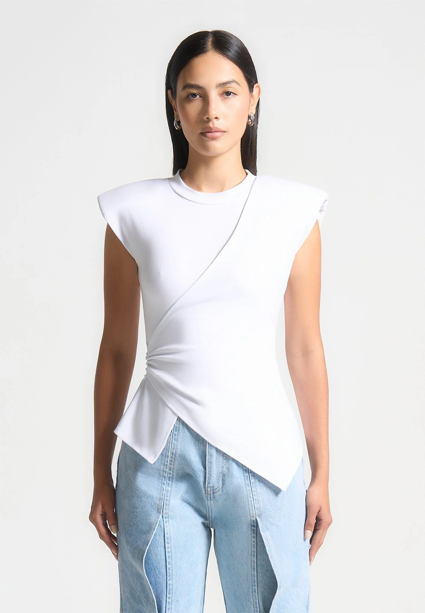 Paige - Wide Shoulder Ruched Waist Top - White - Image 4
