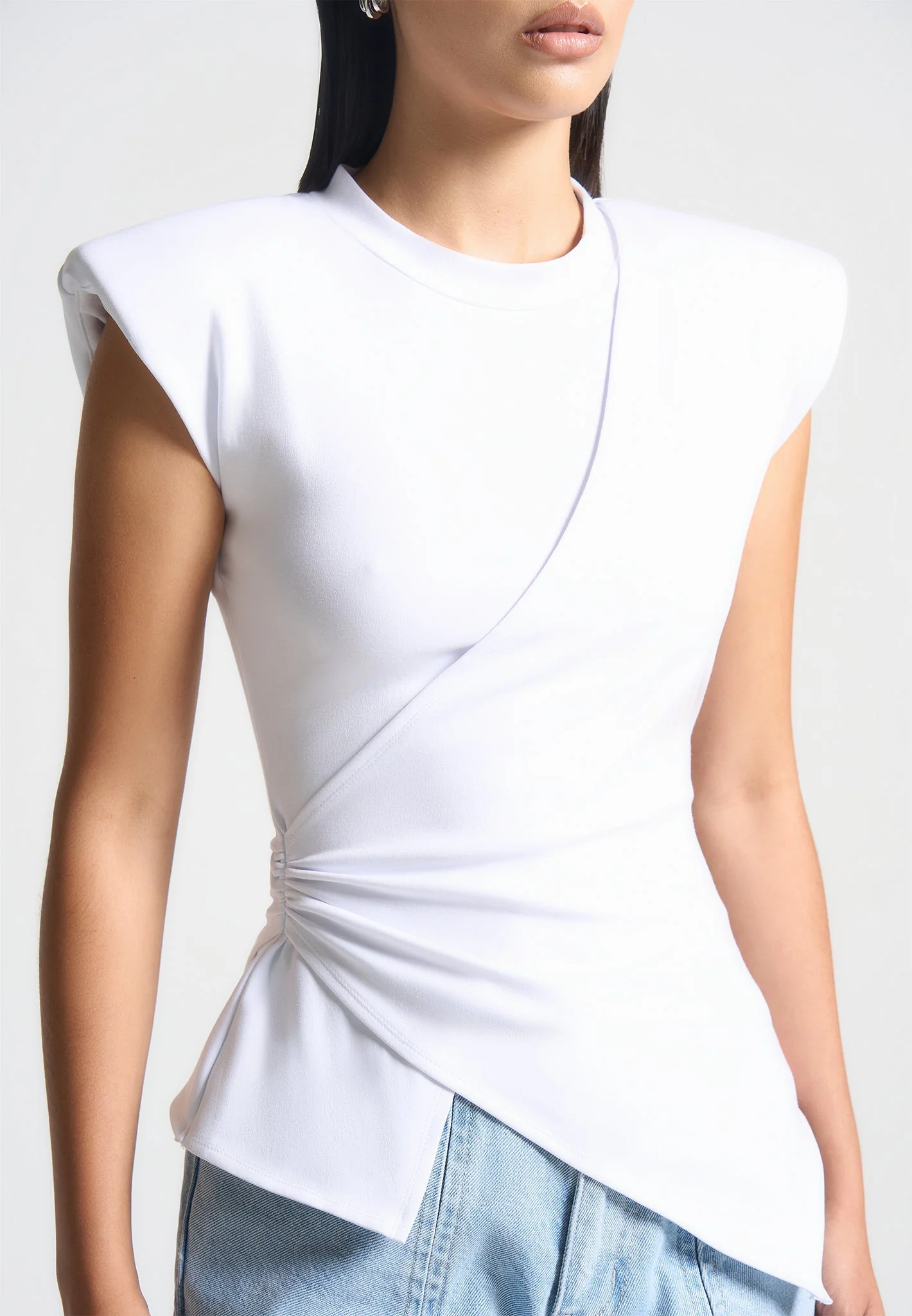 Paige - Wide Shoulder Ruched Waist Top - White - Image 5