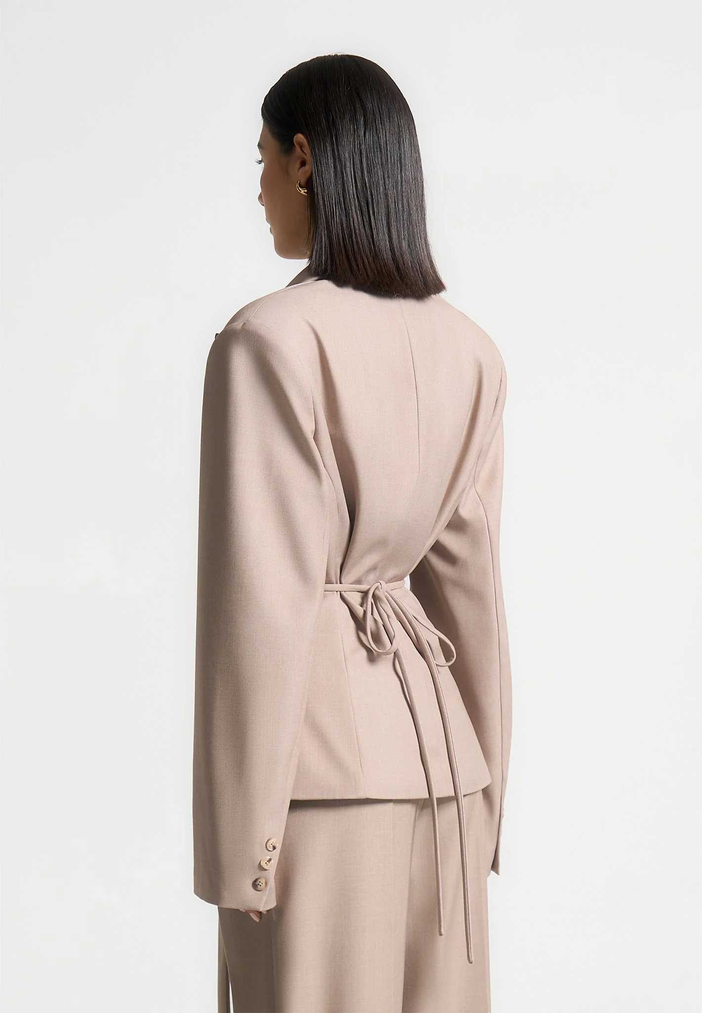 Wide Shoulder Tailored Blazer with Twin Belt - Beige - Image 4