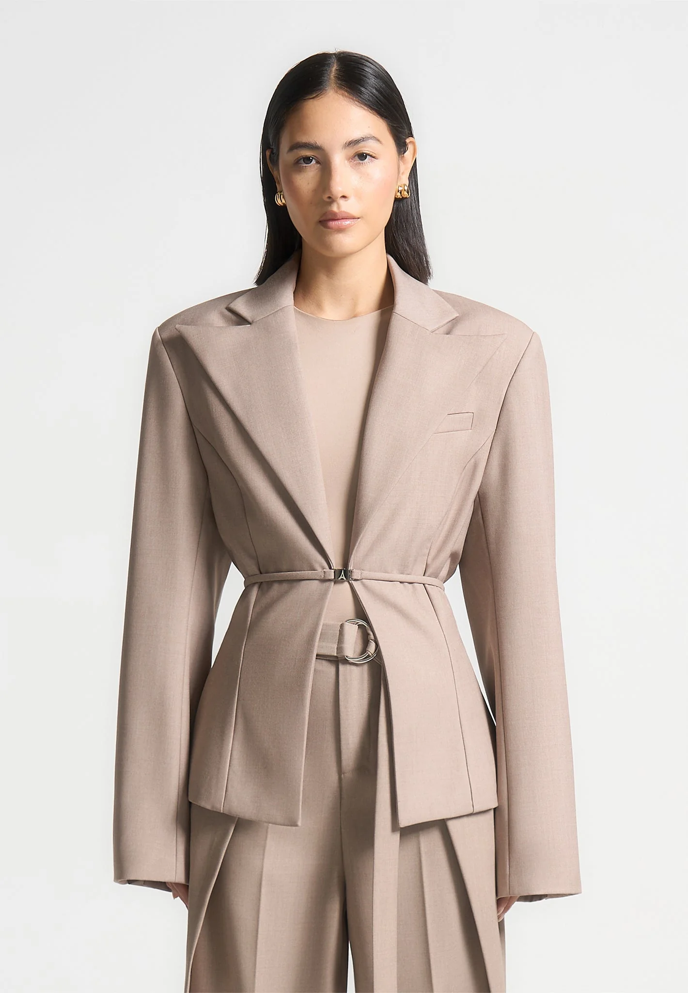 Wide Shoulder Tailored Blazer with Twin Belt - Beige - Image 5