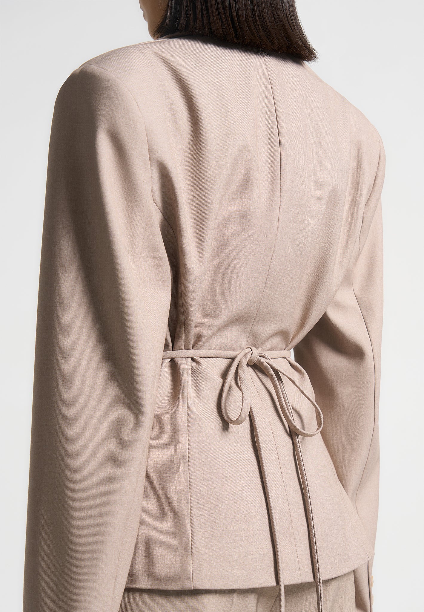 Wide Shoulder Tailored Blazer with Twin Belt - Beige - Image 6