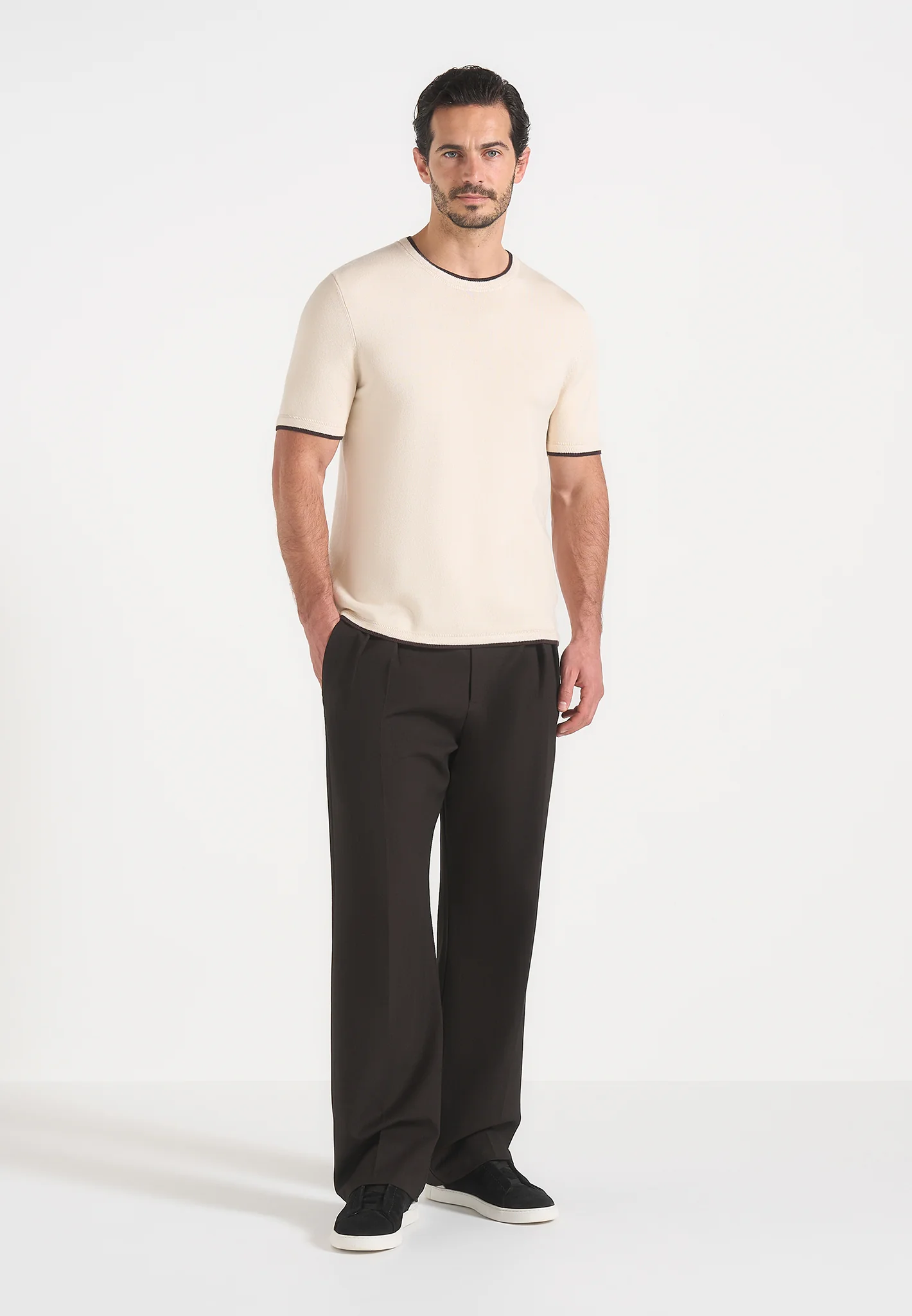 Wyatt - Contrast Knit T-Shirt - Cream - Image 2