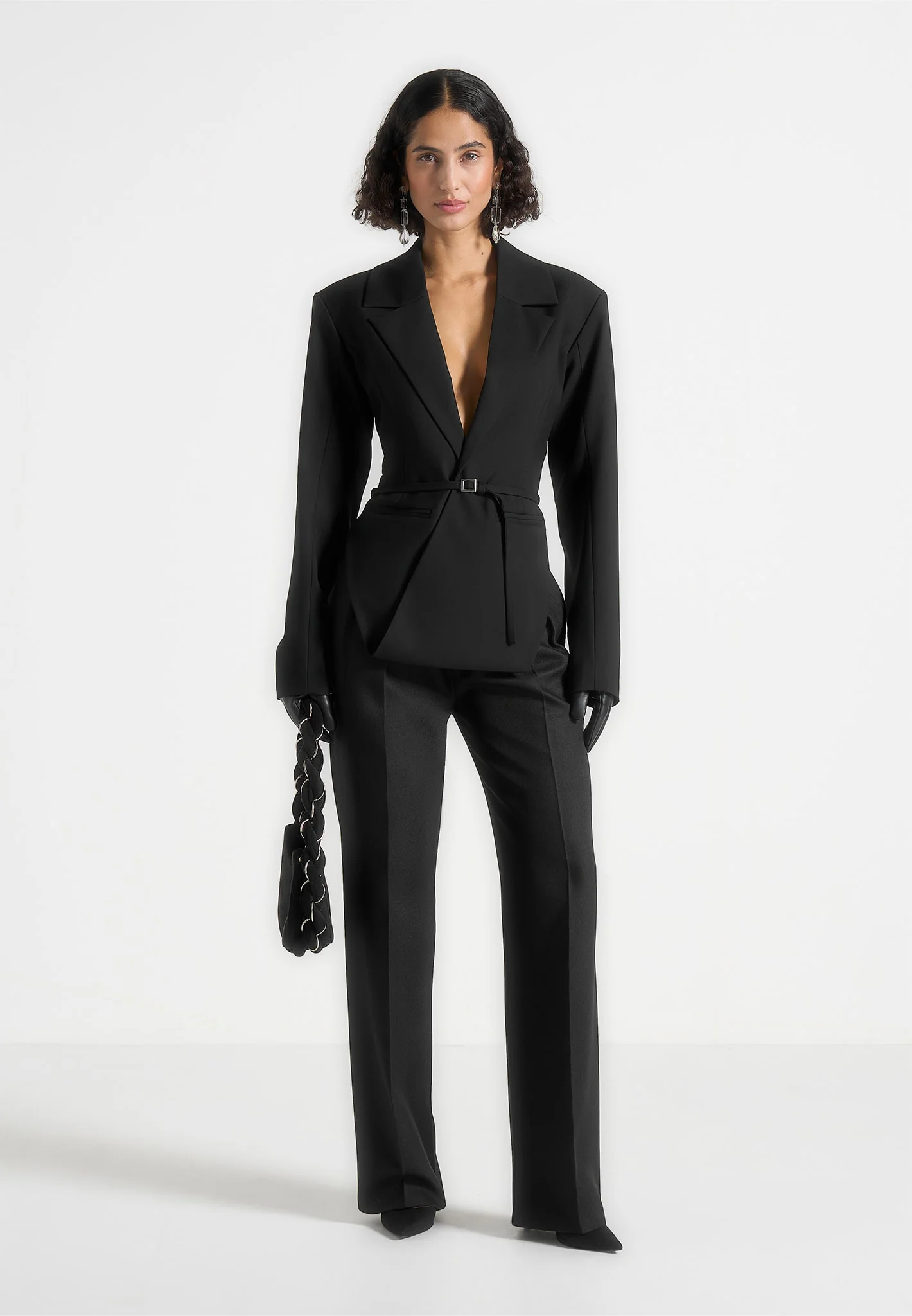 Yuna - Plunge Tailored Blazer With Belt - Black - Image 2