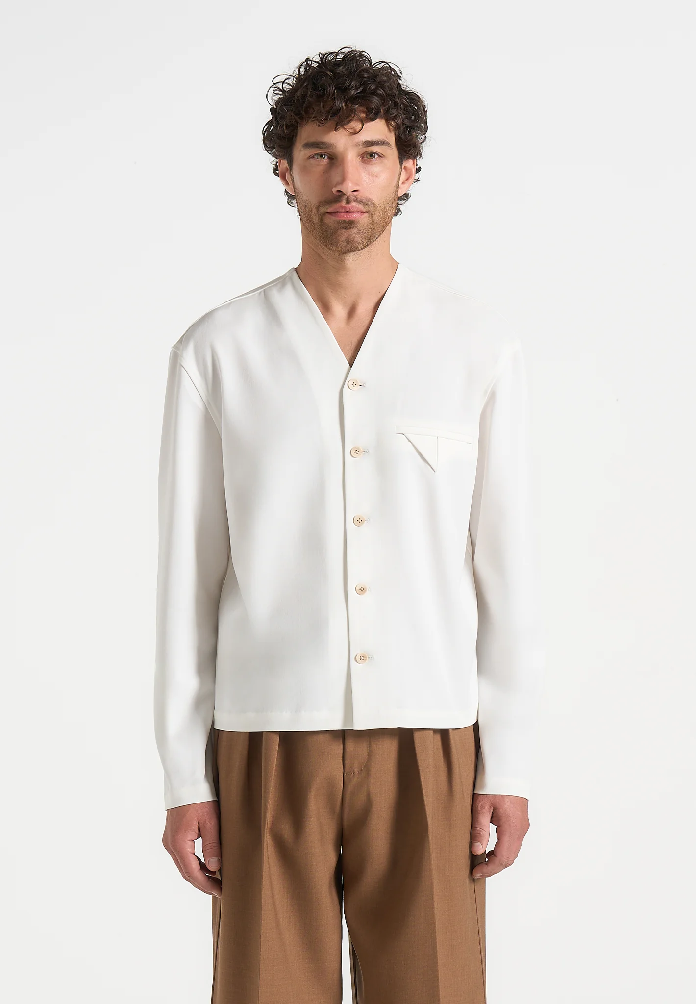 Zac - Boxy V-Neck Long Sleeve Shirt - White - Image 3
