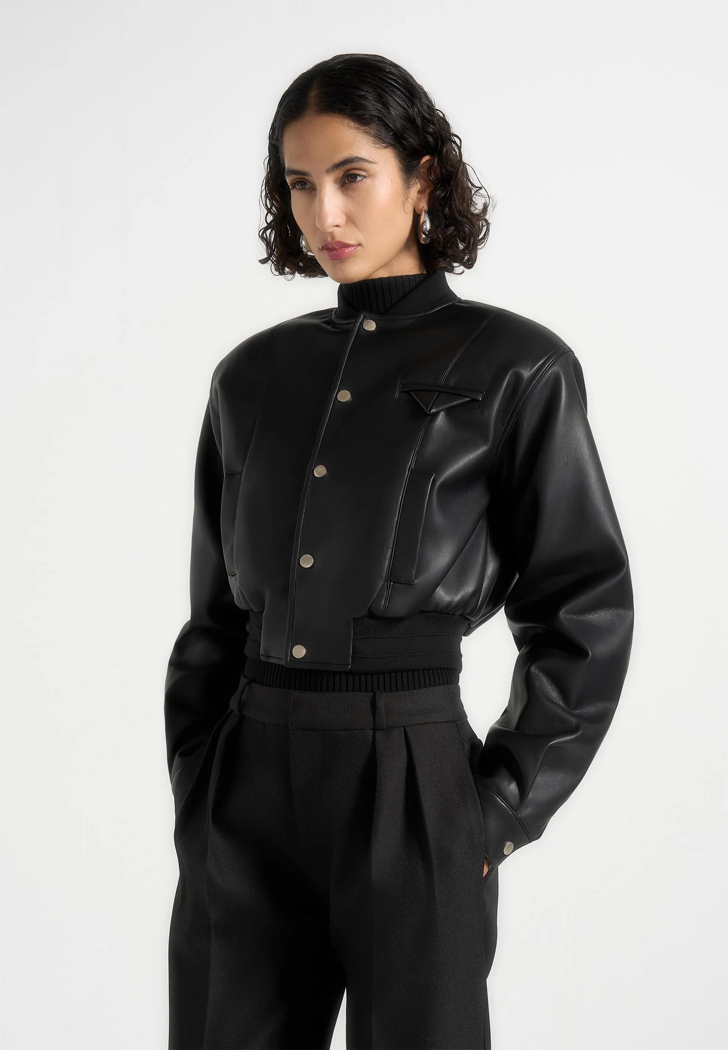Zina - Leather Wide Shoulder Bomber Jacket - Black - Image 2